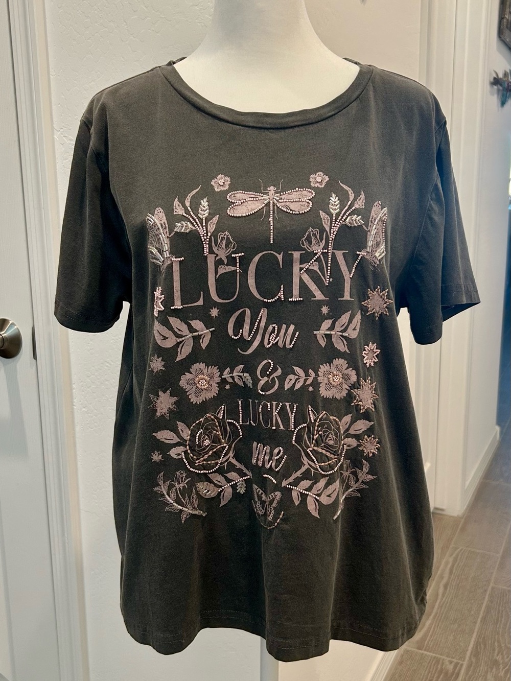 Lucky Brand Gray Graphic Tee - Light Pink Print
